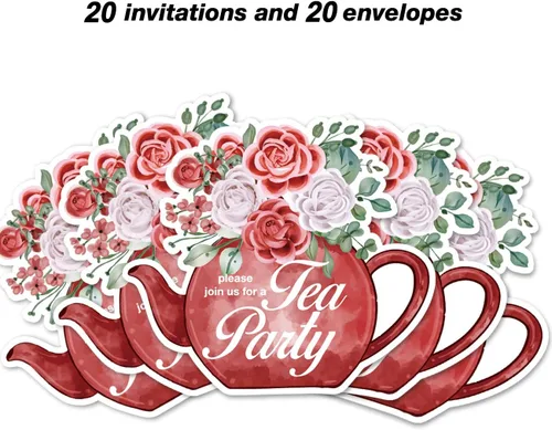 Vista 3 de Invitaciones florales para fiesta de té con sobres, juego de 20 invitaciones en forma de tetera alta en forma de tetera para cumpleaños, baby