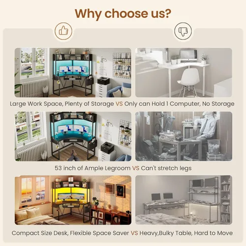 Vista 5 de SEDETA Escritorio esquinero, escritorio pequeño para computadora con gabinete y luces LED, escritorio de esquina triangular para computadora