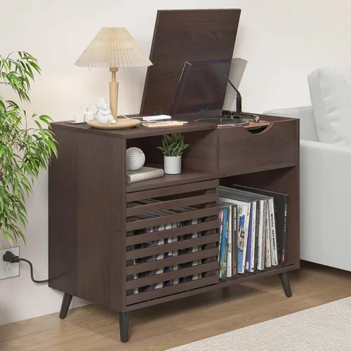 Vista 3 de Soporte para tocadiscos, gabinete de discos de vinilo con toma de corriente con capacidad para hasta 200 álbumes, mesa giratoria con puerta