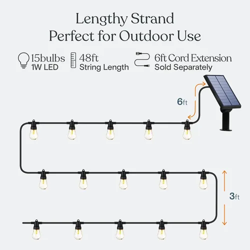 Vista 3 de Brightech Ambience Pro Luces de Cadena Solares para Exteriores, 48 pies Luces de Patio Impermeables de Grado Comercial, 15 Bombillas Edison, Luces