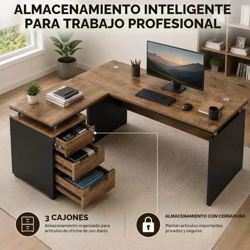 Vista 5 de Escritorio ejecutivo en forma de L de 63 pulgadas, escritorio industrial moderno de oficina de madera con cajones de bloqueo, gestión de cables