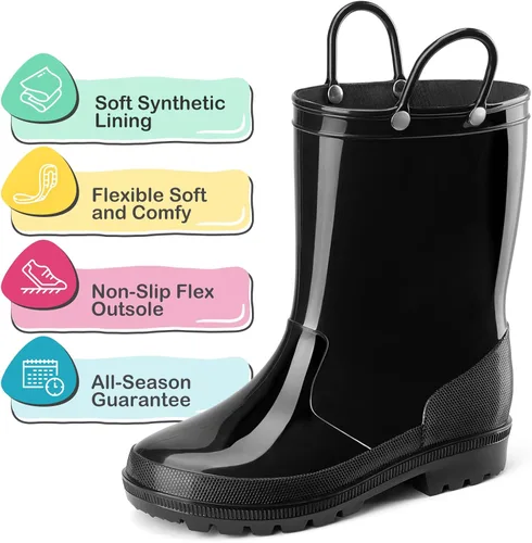 Vista 4 de HISEA Botas de lluvia para niños y niñas, botas de goma impermeables con asas fáciles de poner, botas de lluvia de PVC sin costuras, zapatos