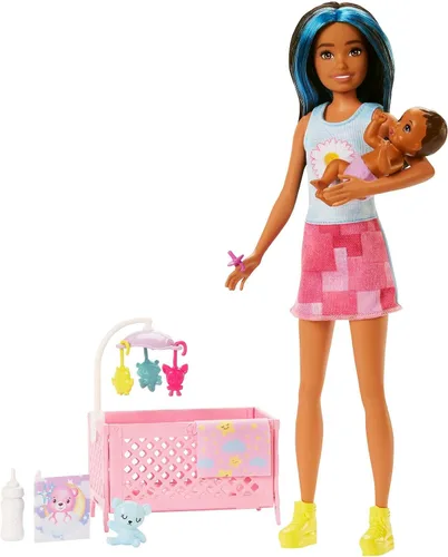 Barbie Skipper Babysitters, Inc. Set de juego de cuna con muñeca, muñeca bebé con ojos dormidos, muebles y accesorios