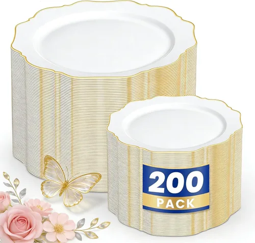 Vista 22 de WDF 100 piezas de platos de plástico azul - Platos desechables azul claro - Platos de plástico con borde festoneado resistente