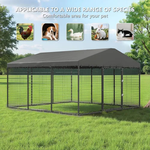 Vista 5 de Perrera grande para perros de 10 x 10 x 6 pies, jaula resistente con doble cerradura, perrera para perros al aire libre con cubierta impermeable
