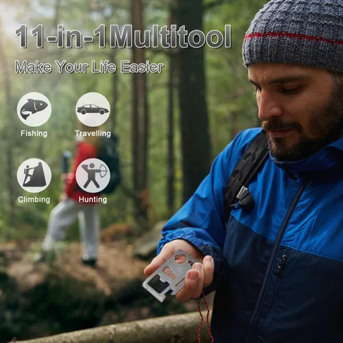 Vista 4 de Multiherramienta de tarjeta de crédito 11 en 1 para hombres, paquete de 10 herramientas de bolsillo de supervivencia, abridor de botellas de acero