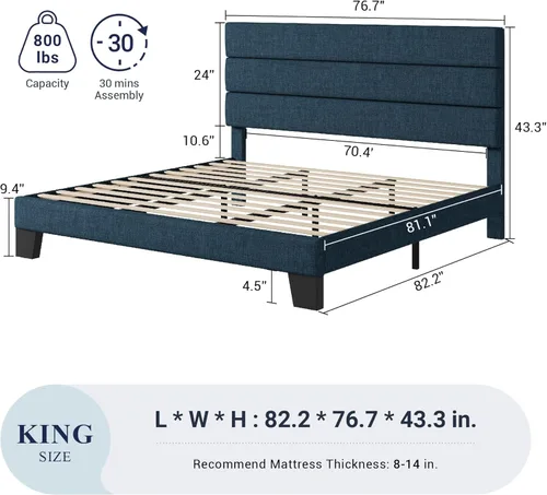 Vista 2 de Allewie - Base de cama tamaño King con cabecera tapizada en tela y soporte de listones de madera; base de colchón completamente tapizada; no Azul