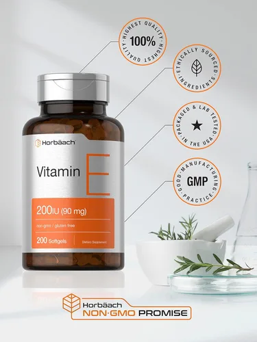 Vista 5 de Horbäach Cápsulas de cápsulas blandas de vitamina E de 200 UI Suplemento de 90 mg 200 unidades Fórmula sin OMG y sin gluten