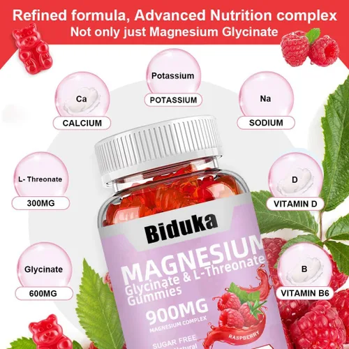 Vista 5 de Gomitas de glicinato de magnesio de 900 mg, 65 unidades, complejo de magnesio sin azúcar con L-treonato, potasio, vitamina D, B6, suplemento CoQ10