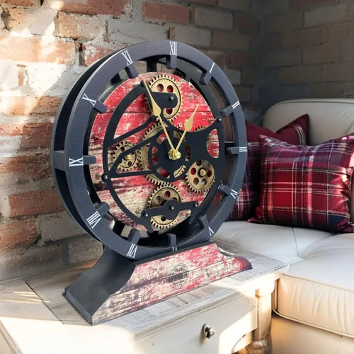 Vista 3 de Reloj de escritorio The Gears Clock de 10 pulgadas con engranajes móviles reales convertible en reloj de pared (Lava Roja)