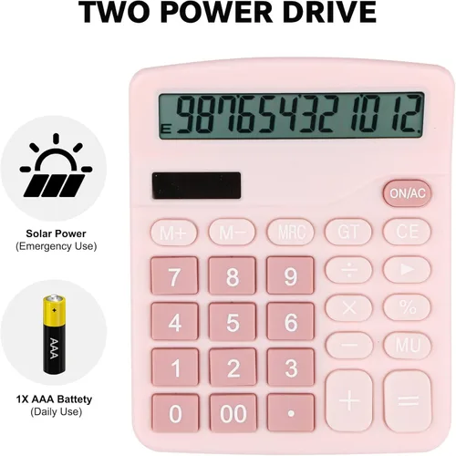 Vista 3 de Calculadora de escritorio con pantalla LCD de 12 dígitos, doble potencia, compacta y ligera, pantalla fácil de leer, duradera para negocios, escuela