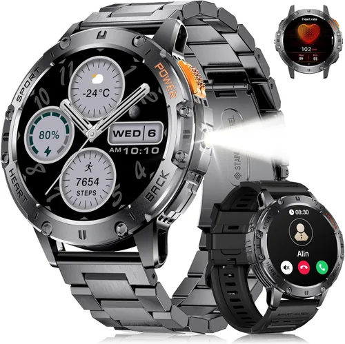 Smart Watches for Men for Android/iPhone(2 Straps),1.43’’ AMOLED Display Sport Watch with 123 Sport Modes/FlashLight,5ATM Waterproof Fitness Tracker