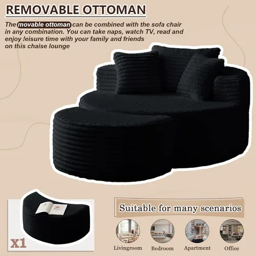 Vista 5 de Sillón redondo de gran tamaño de 55 pulgadas de ancho con otomana, silla decorativa de pana moderna, asiento profundo tapizado sin estructura