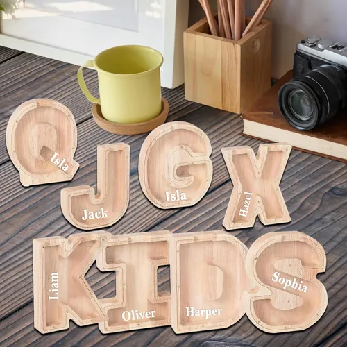 Vista 6 de Personalized Passion Alcancía de madera para niños, niños pequeños y adultos, banco de monedas en forma de letra de gran tamaño, caja de madera