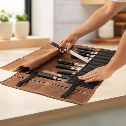 Vista 4 de Bolsa enrollable para cuchillos de chef, bolsa de lona encerada, portátil con 10 ranuras para cuchillos de chef con 1 bolsillo con cremallera, puede