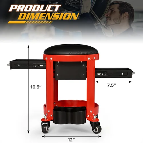Vista 3 de Magshion Rolling Shop Taburete para garaje con cajón integrado, almacenamiento de herramientas y soporte para latas, asiento mecánico acolchado