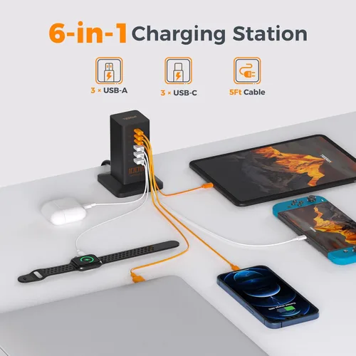 Vista 2 de Cargador USB C Block PD 100W, TESSAN Estación de Carga 6 en 1 para Múltiples Dispositivos, Cargador de Torre de Escritorio con 6 Puertos USB