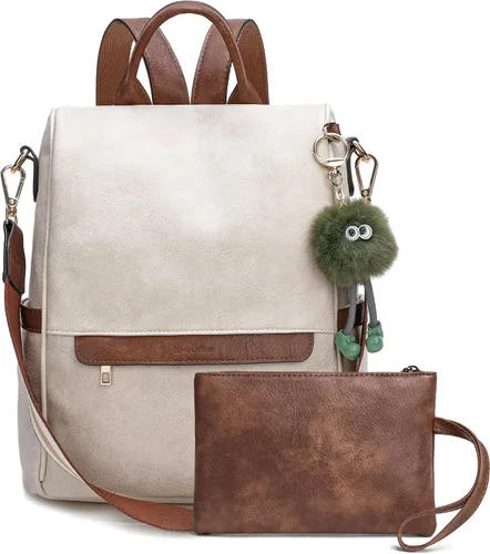 Love Deliver Mochila de cuero para mujer, diseño de moda, bolsos de hombro para mujer, mochila de viaje con muñequeras, 3-1 Beige Con Marrón,