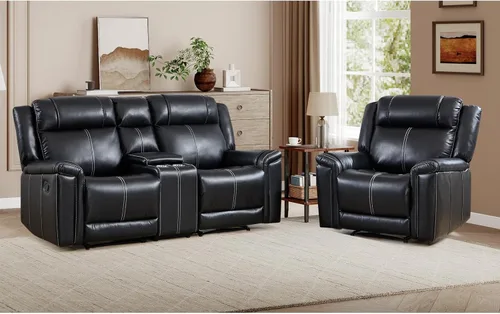 Vista 24 de EBELLO Sofá reclinable de dos plazas de piel sintética, sofá reclinable manual, silla de 2 plazas de estilo moderno de mediados de siglo