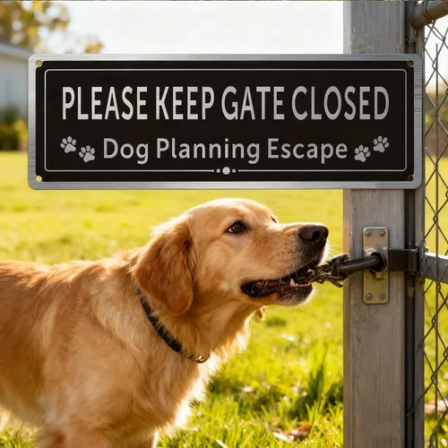 Vista 3 de Paquete de 2 letreros Matal con texto en inglés «Please Close The Gate», letreros de planificación para perros, tinta duradera de aluminio