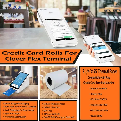 Vista 3 de Clover Flex - Papel de recibo de 2 1/4 x 55 (10 rollos - 55 GSM) Papel térmico de BuyRegisterRolls