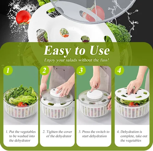 Vista 6 de Molinillo eléctrico para ensaladas de 6.3 cuartos de galón, gran capacidad, giratorio automático de secado rápido para lechugas y verduras que sirve