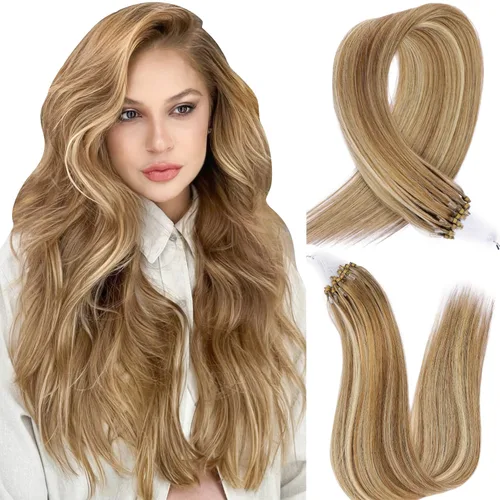 Vista 35 de Extensiones de cabello humano con punta en I de 14 pulgadas #16/60, color rubio con reflejos dorados y marrón grisáceo mezclado, extensiones