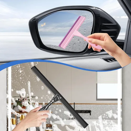 Vista 6 de Escobilla de ducha de silicona multiusos para puerta de cristal de ducha, con 2 ganchos y mini escobilla rosa, para vidrio de baño, automóvil, pared