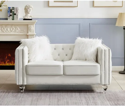 i-POOK Sofá Chesterfield de 2 plazas de 60 pulgadas, sofá biplaza de terciopelo copetudo con 2 almohadas de felpa, patas de cristal y brazos con