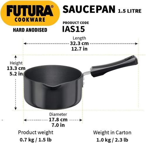 Vista 3 de Hawkins Futura 1.5 Litre Saucepan, Hard Anodised Sauce Pan, Induction Saucepan, Small Sauce Pan, Black (IAS15)