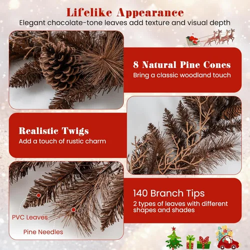 Vista 5 de Goplus - Guirnalda de Navidad preiluminada de 2,7 m, guirnalda artificial con luces, funciona con baterías, con 140 PVC y agujas de pino, conos