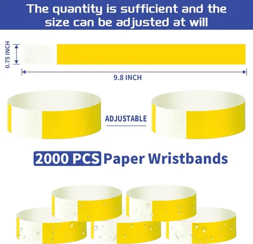 Vista 2 de 2000 pulseras de papel para eventos, impermeables, color amarillo neón, bandas adhesivas de identificación de conciertos, bandas de mano