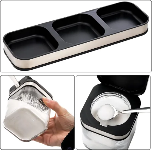 Vista 3 de DEAYOU Paquete de 3 cajas de condimentos de vidrio con bandeja, recipiente transparente para condimentos con tapa de acero inoxidable 18/10