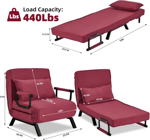 Vista 65 de Sillón convertible para cama, sillón tapizado de tres pliegues con almohada, sofá plegable de ocio con respaldo ajustable de 6 ángulos, cama