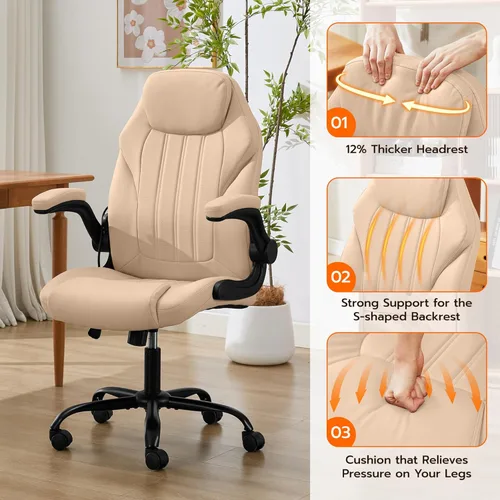 Vista 7 de Silla de Escritorio de Oficina, Silla Ergonómica para Computadora con Brazos Abatibles Acolchados y Soporte Lumbar Ajustable, Silla Ejecutiva