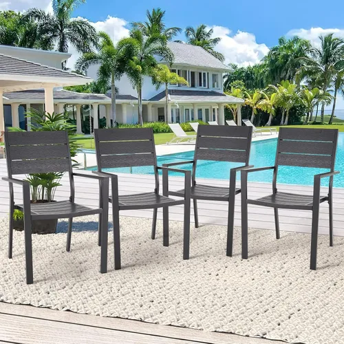 AECOJOY 4 sillas de comedor al aire libre, silla de patio apilable con marco de aluminio con reposabrazos para jardín, piscina, patio trasero