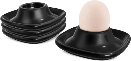 Flexzion Huevos duros blandos, juego de cerámica de 4 piezas, apilables, color negro | Porta huevos de porcelana negra con bases cuadradas estables;