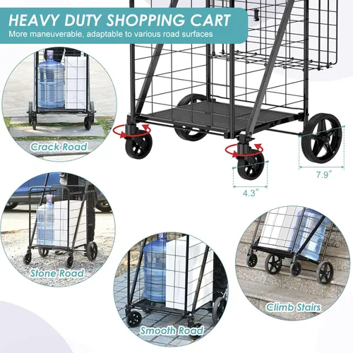 Vista 4 de Carrito de compras plegable para comestibles, carrito de comestibles de capacidad de 360 libras con forro impermeable y ruedas giratorias de 360