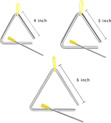 Vista 4 de EASTROCK Triángulo Instrumento 3 Paquetes 4 5 6 Pulgadas Instrumento de Percusión Set de Triángulos de Percusión Mano con Delantero