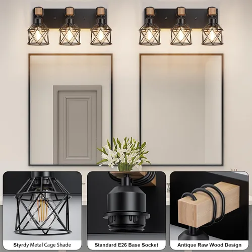 Vista 6 de Luz de tocador de granja para baño, accesorios de luz de tocador de madera de 3 luces sobre espejo, aplique de pared rústico negro con pantalla