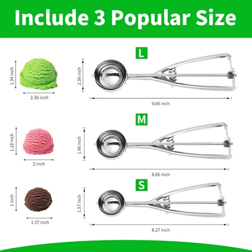 Vista 2 de 3 piezas de cuchara de helado, juego de cuchara de galletas premium, cucharas de acero inoxidable pequeñas/medianas/grandes, cuchara de helado