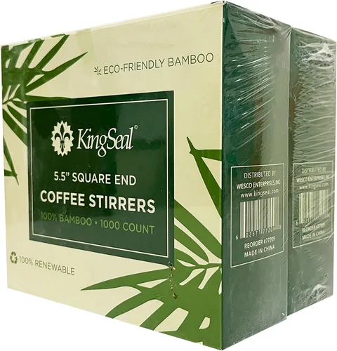 Vista 2 de KingSeal - Agitadores de café de bambú, 2000 unidades, 5.5 pulgadas, extremo cuadrado, 100% renovables y biodegradables, 2 cajas x 1000 agitadores