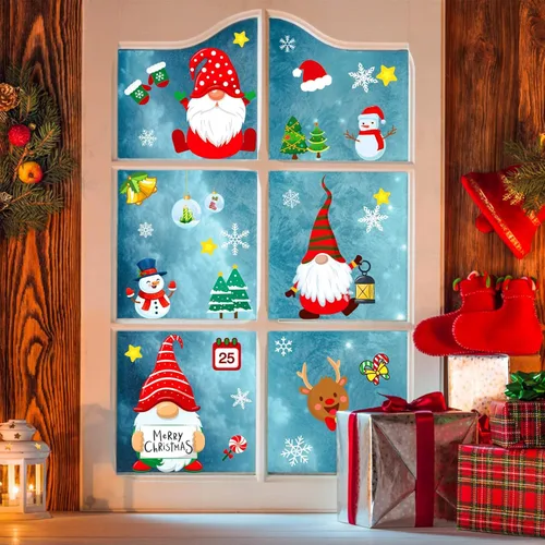 Vista 5 de Adhesivos de Navidad para ventana, gnomo, decoración de ventana de Navidad, calcomanías estáticas de ventana de Navidad para ventanas de vidrio
