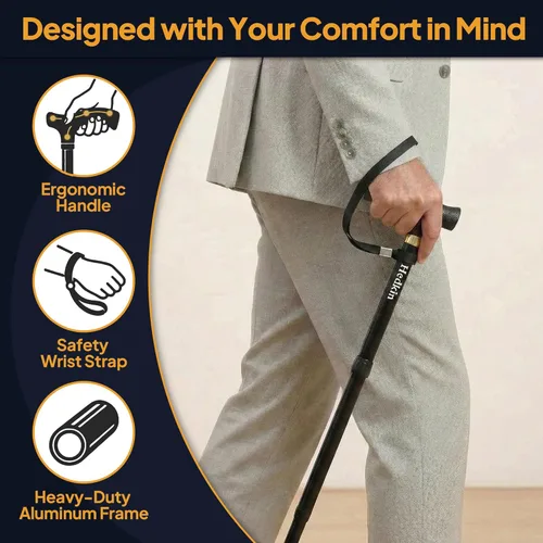 Vista 6 de Bastón para caminar con luz LED, plegable, ajustable, bastones para caminar autoportantes para hombres y mujeres, bastones para caminar con base