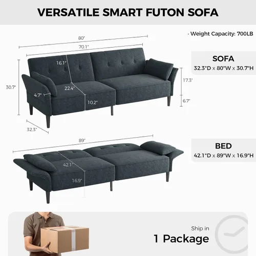 Vista 2 de COPIAE Sofá cama futón de 89 pulgadas, cómodo sofá cama futón con 2 almohadas cuadradas, sofá cama convertible con respaldo y reposabrazos