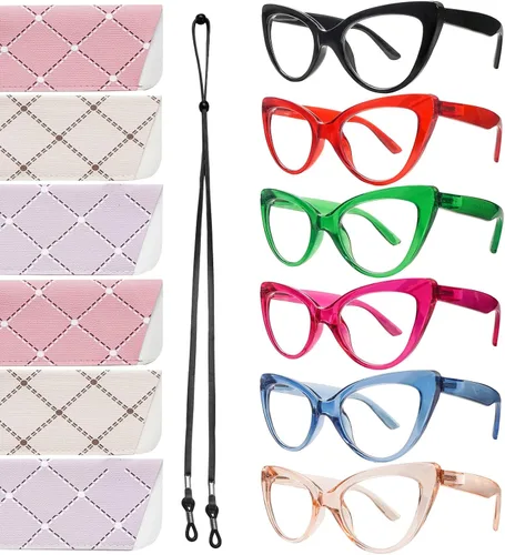 Vista 9 de Pack de 6 gafas de moda de ojo de gato para mujer con bloqueo de luz azul, bisagras de resorte extra grandes, lentes para computadora