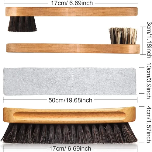 Vista 3 de Kit de 4 cepillos para zapatos de pelo de caballo, aplicadores de limpieza de piel, botas, cepillos de cuidado de gamuza con paño de microfibra