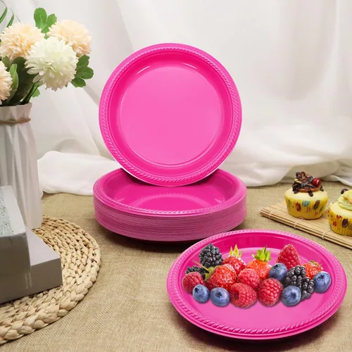 Vista 6 de 50 platos desechables de plástico rojo – Platos de plástico rojo resistentes de 9 pulgadas para cumpleaños, boda, picnic, Navidad, fiesta del día