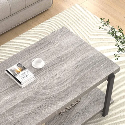 Vista 22 de FOLUBAN Mesa de centro negra, moderna mesa central de madera rústica con almacenamiento para sala de estar, mesa de té de cóctel rectangular