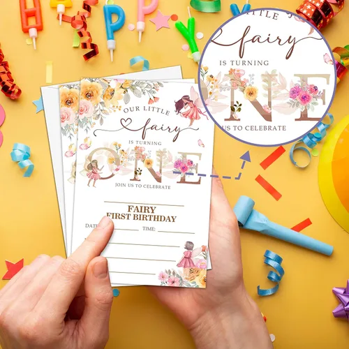 Vista 3 de Invitación de fiesta de primer cumpleaños de hada, invitaciones de relleno con temática de hadas de jardín, 20 invitaciones florales con sobres